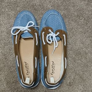 Flat loafer style shoe.